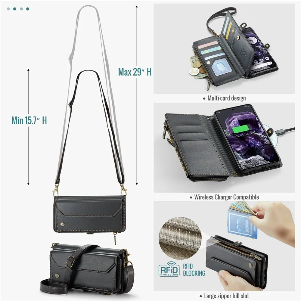 For Google Pixel 8 Leather Case CASEME C36 Zipper Multiple Card Slots Phone Cover with Straps - Black - 7