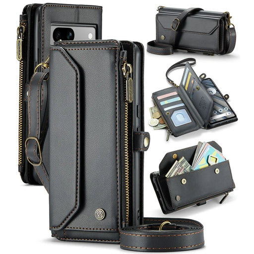 For Google Pixel 7a Leather Case CASEME C36 Zipper Multiple Card Slots Phone Cover with Straps - Black - 1