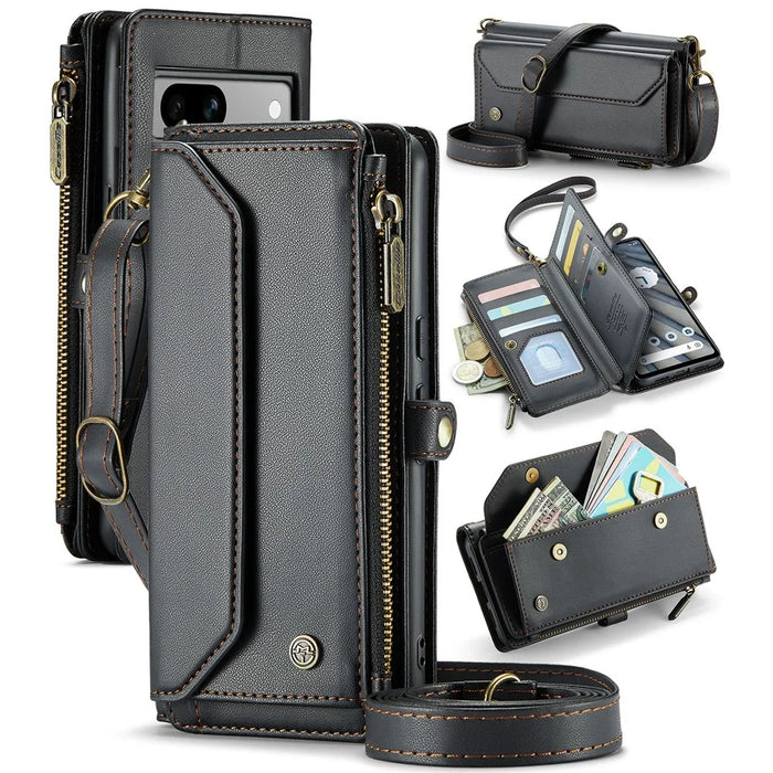 For Google Pixel 7a Leather Case CASEME C36 Zipper Multiple Card Slots Phone Cover with Straps - Black - 1
