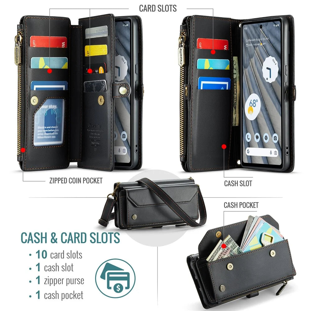 For Google Pixel 7a Leather Case CASEME C36 Zipper Multiple Card Slots Phone Cover with Straps - Black - 4