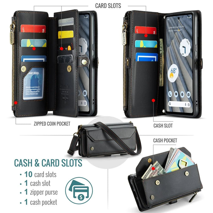 For Google Pixel 7a Leather Case CASEME C36 Zipper Multiple Card Slots Phone Cover with Straps - Black - 4