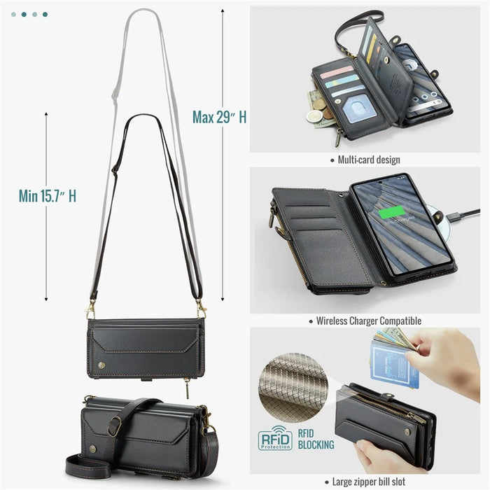 For Google Pixel 7a Leather Case CASEME C36 Zipper Multiple Card Slots Phone Cover with Straps - Black - 7