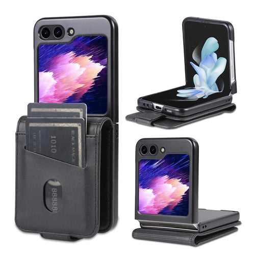 AZNS For Samsung Galaxy Z Flip7 FE 5G / Z Flip6 5G Case Card Holder PU Leather Phone Cover Cowhide Texture - Black - 1