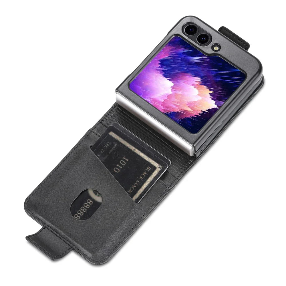 AZNS For Samsung Galaxy Z Flip7 FE 5G / Z Flip6 5G Case Card Holder PU Leather Phone Cover Cowhide Texture - Black - 2
