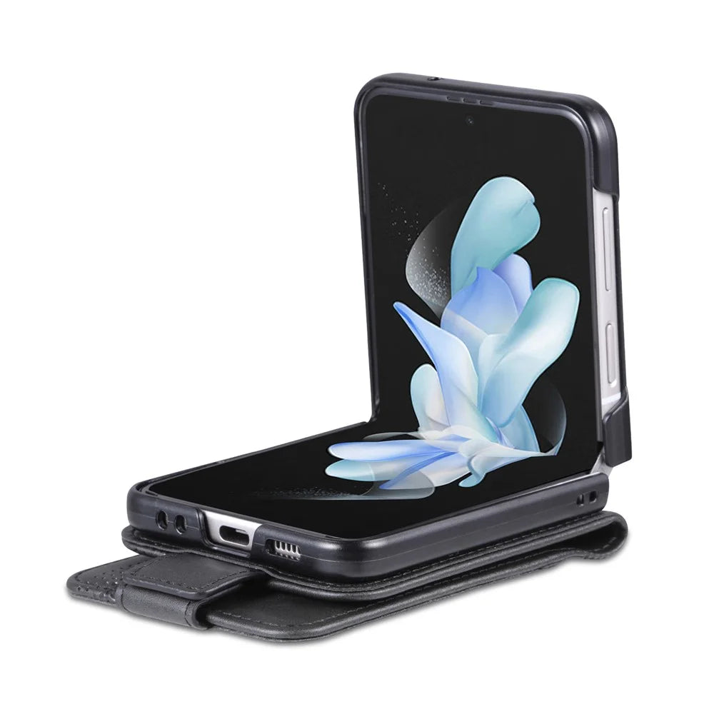 AZNS For Samsung Galaxy Z Flip7 FE 5G / Z Flip6 5G Case Card Holder PU Leather Phone Cover Cowhide Texture - Black - 3