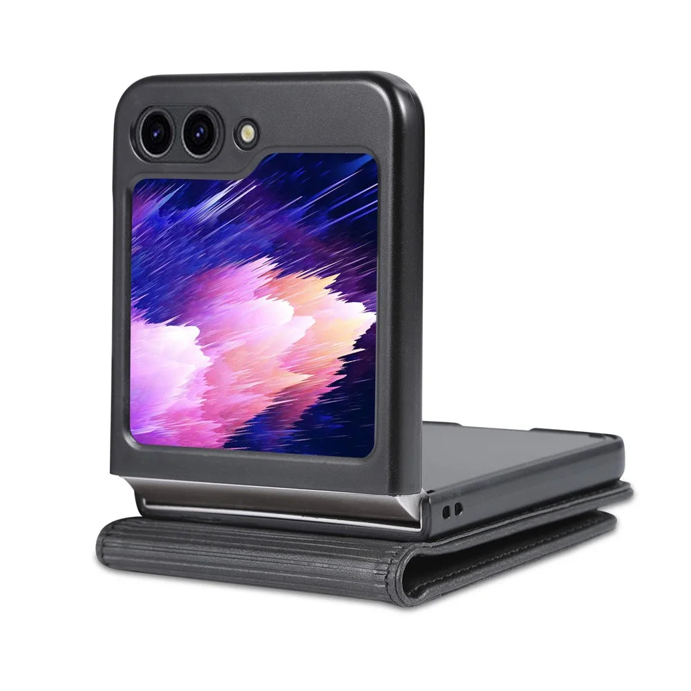 AZNS For Samsung Galaxy Z Flip7 FE 5G / Z Flip6 5G Case Card Holder PU Leather Phone Cover Cowhide Texture - Black - 4