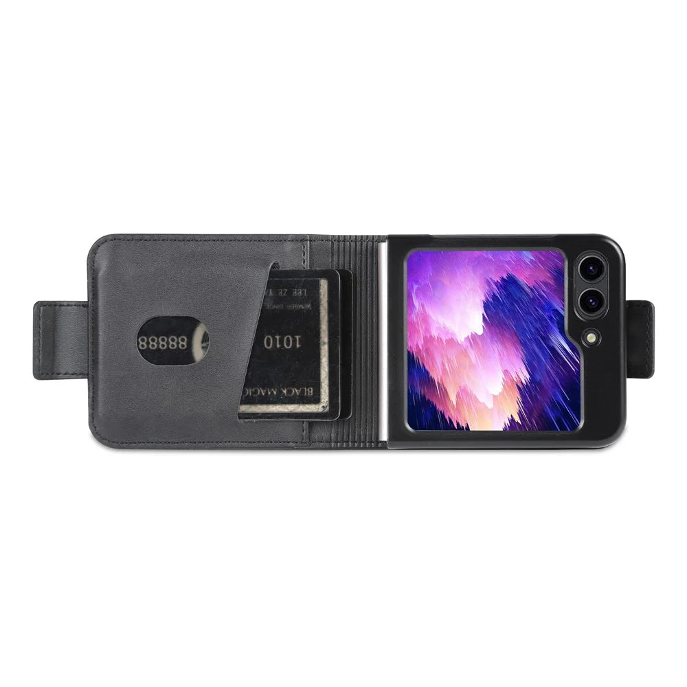 AZNS For Samsung Galaxy Z Flip7 FE 5G / Z Flip6 5G Case Card Holder PU Leather Phone Cover Cowhide Texture - Black - 5