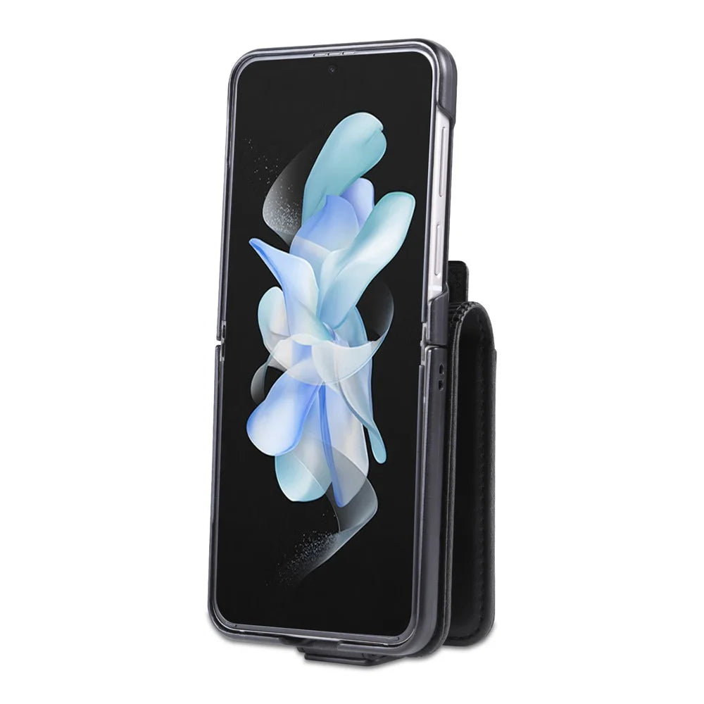 AZNS For Samsung Galaxy Z Flip7 FE 5G / Z Flip6 5G Case Card Holder PU Leather Phone Cover Cowhide Texture - Black - 6