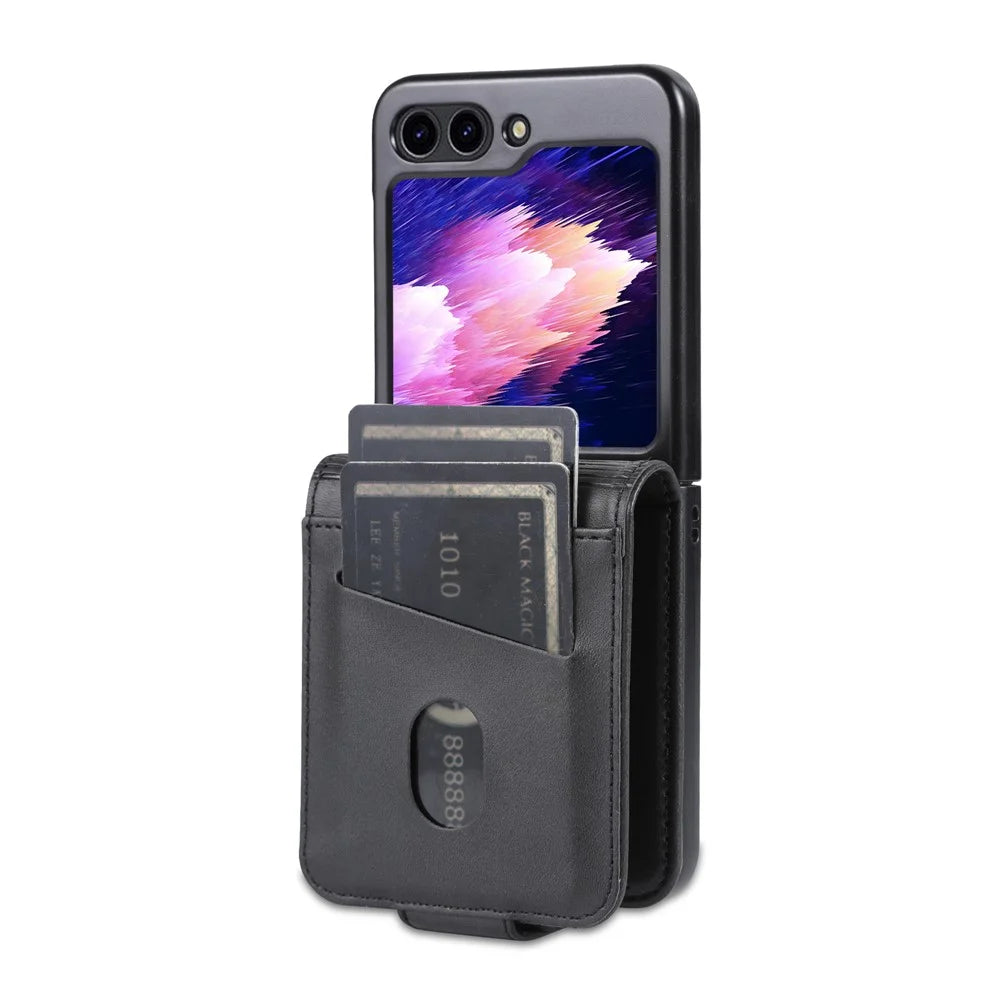 AZNS For Samsung Galaxy Z Flip7 FE 5G / Z Flip6 5G Case Card Holder PU Leather Phone Cover Cowhide Texture - Black - 7