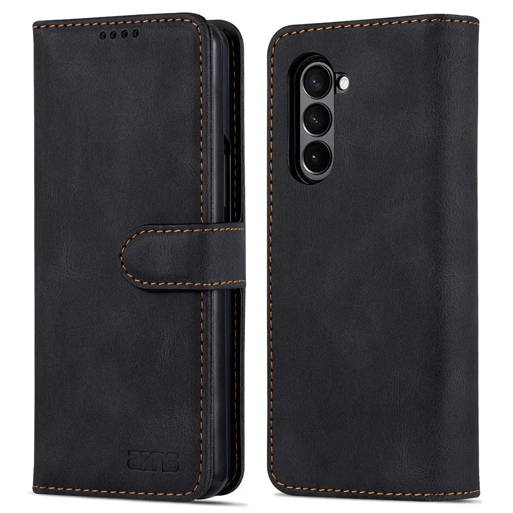 AZNS For Samsung Galaxy Z Fold6 5G Case Leather Phone Cover with Wallet Stand - Black - 1