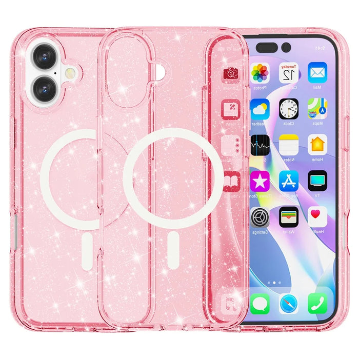 For iPhone 16 Plus Magnetic Phone Case Sparkly Glitter PC+TPU Phone Cover - Pink - 1