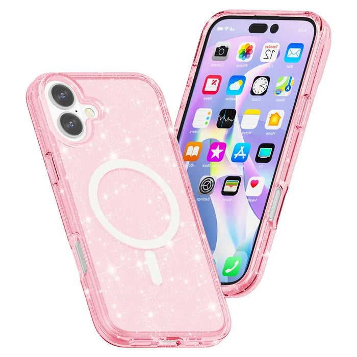 For iPhone 16 Plus Magnetic Phone Case Sparkly Glitter PC+TPU Phone Cover - Pink - 3