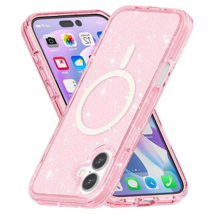 For iPhone 16 Plus Magnetic Phone Case Sparkly Glitter PC+TPU Phone Cover - Pink - 4