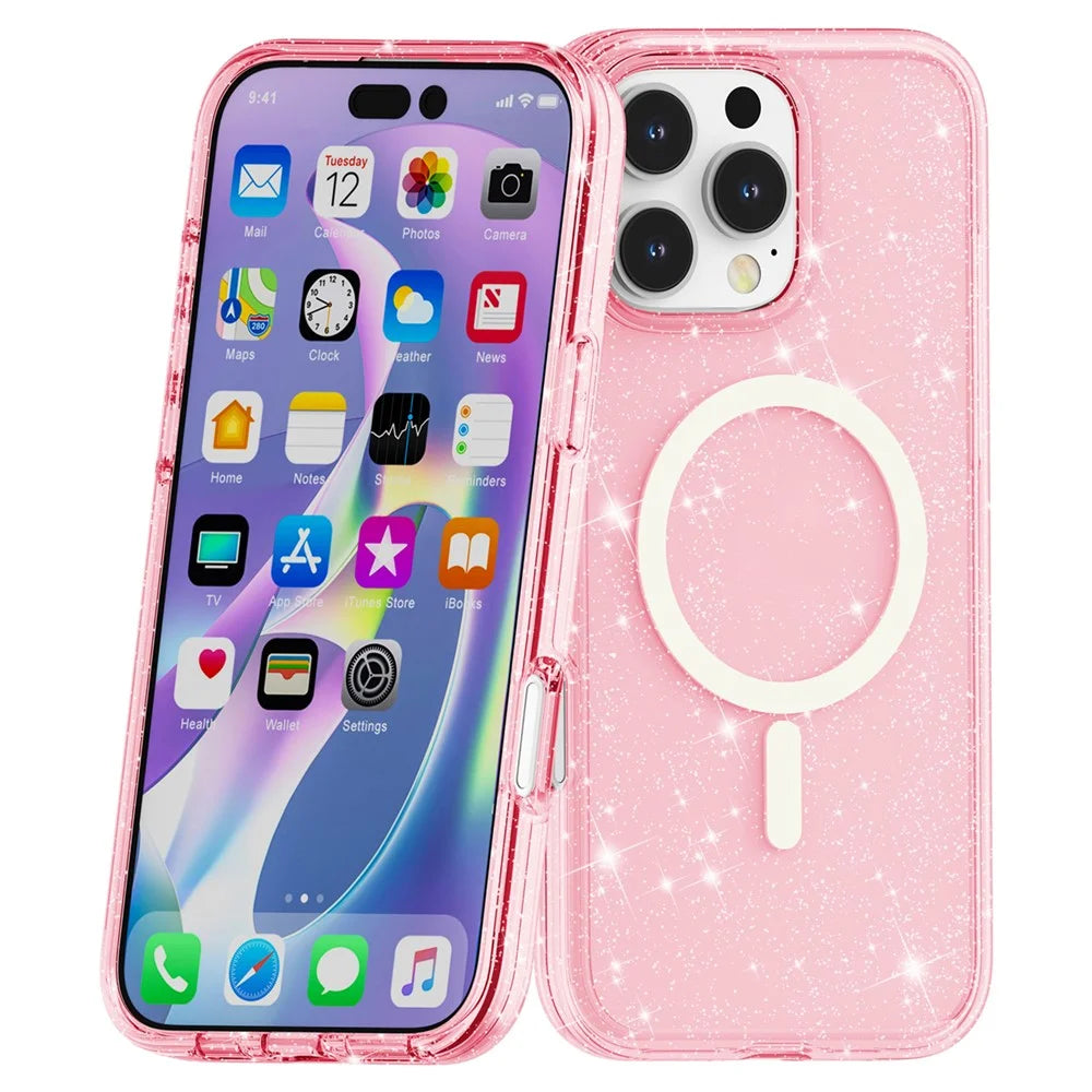 For iPhone 16 Pro Magnetic Case Compatible with MagSafe PC+TPU Glitter Phone Cover - Pink - 6