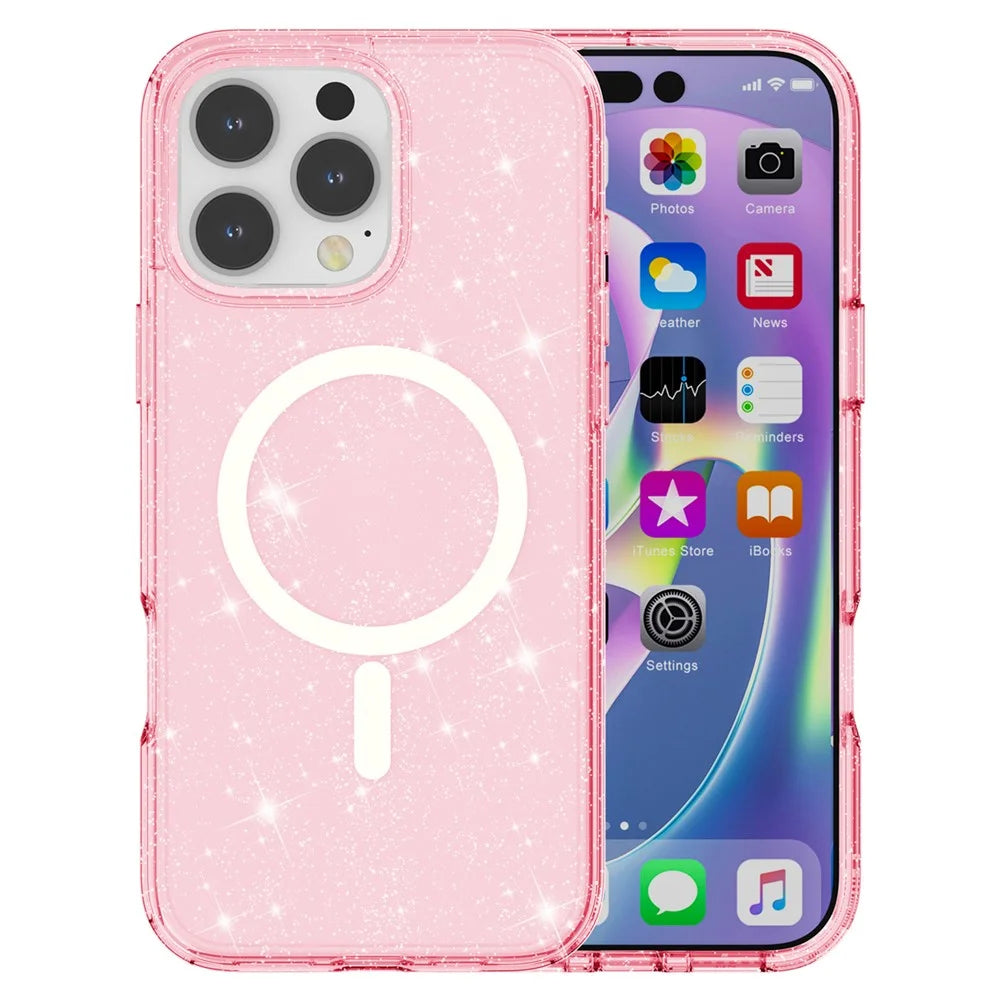 For iPhone 16 Pro Magnetic Case Compatible with MagSafe PC+TPU Glitter Phone Cover - Pink - 7