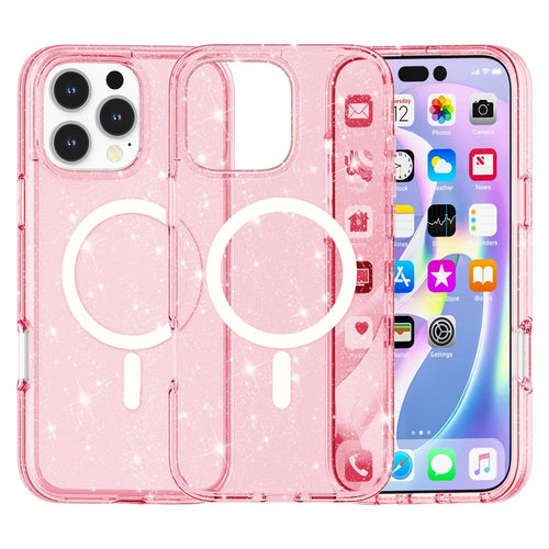 For iPhone 16 Pro Max Case Sparkly Glitter PC+TPU Phone Cover Compatible with MagSafe - Pink - 1