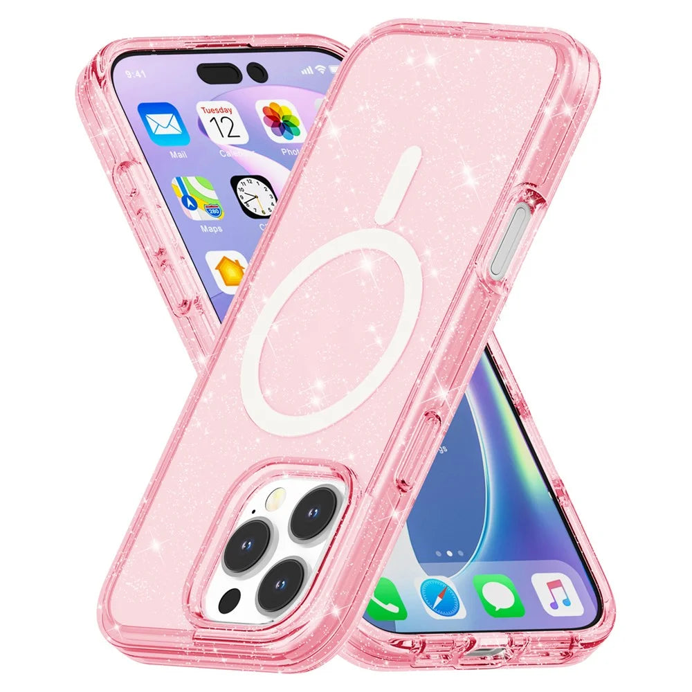 For iPhone 16 Pro Max Case Sparkly Glitter PC+TPU Phone Cover Compatible with MagSafe - Pink - 4