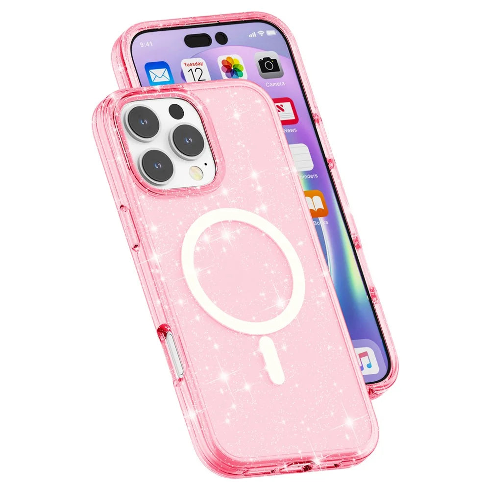 For iPhone 16 Pro Max Case Sparkly Glitter PC+TPU Phone Cover Compatible with MagSafe - Pink - 5