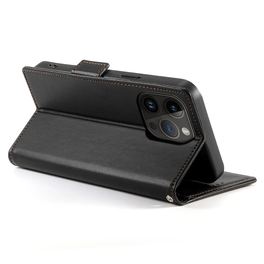 DF-010 For iPhone 14 Pro Max Case Stand Magnetic Clasp Leather Phone Cover - Black - 3