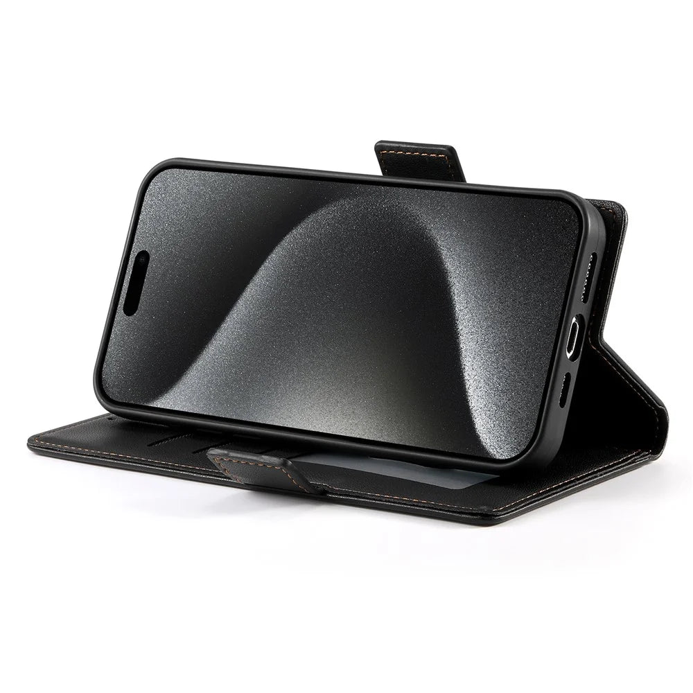 DF-010 For iPhone 14 Pro Max Case Stand Magnetic Clasp Leather Phone Cover - Black - 4