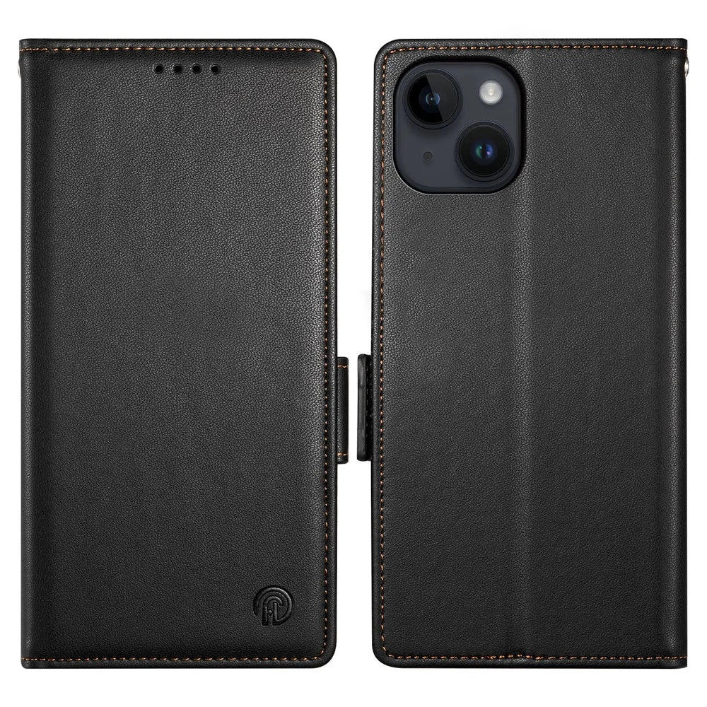 DF-010 For iPhone 15 Case Side Magnetic Clasps Leather Phone Cover with Wallet Stand - Black - 1