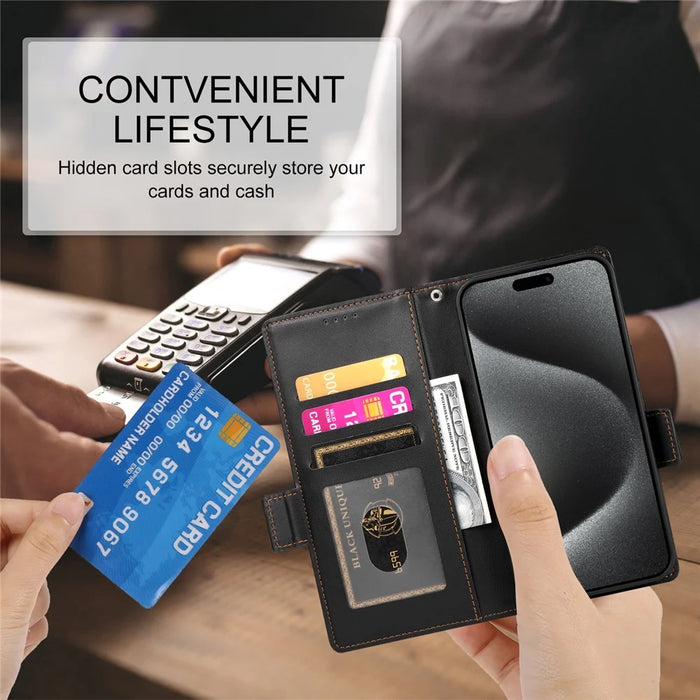 DF-010 For iPhone 15 Pro Case Side Magnetic Clasps Leather Wallet Stand Phone Cover - Black - 5