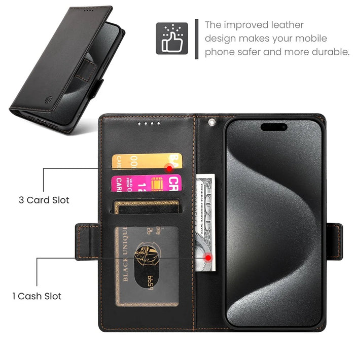 DF-010 For iPhone 15 Pro Case Side Magnetic Clasps Leather Wallet Stand Phone Cover - Black - 6