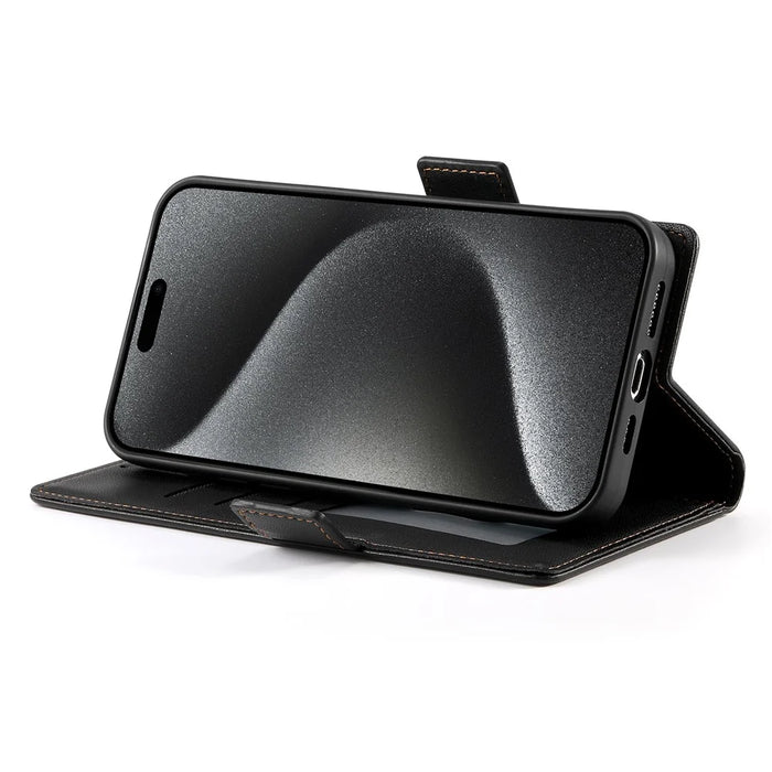 DF-010 For iPhone 15 Pro Max Case PU Leather Wallet Stand Phone Cover - Black - 4