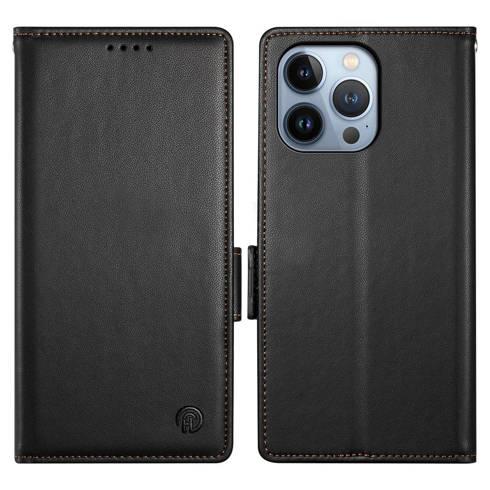 DF-010 For iPhone 13 Pro Max Case PU Leather Wallet Stand Phone Cover - Black - 1