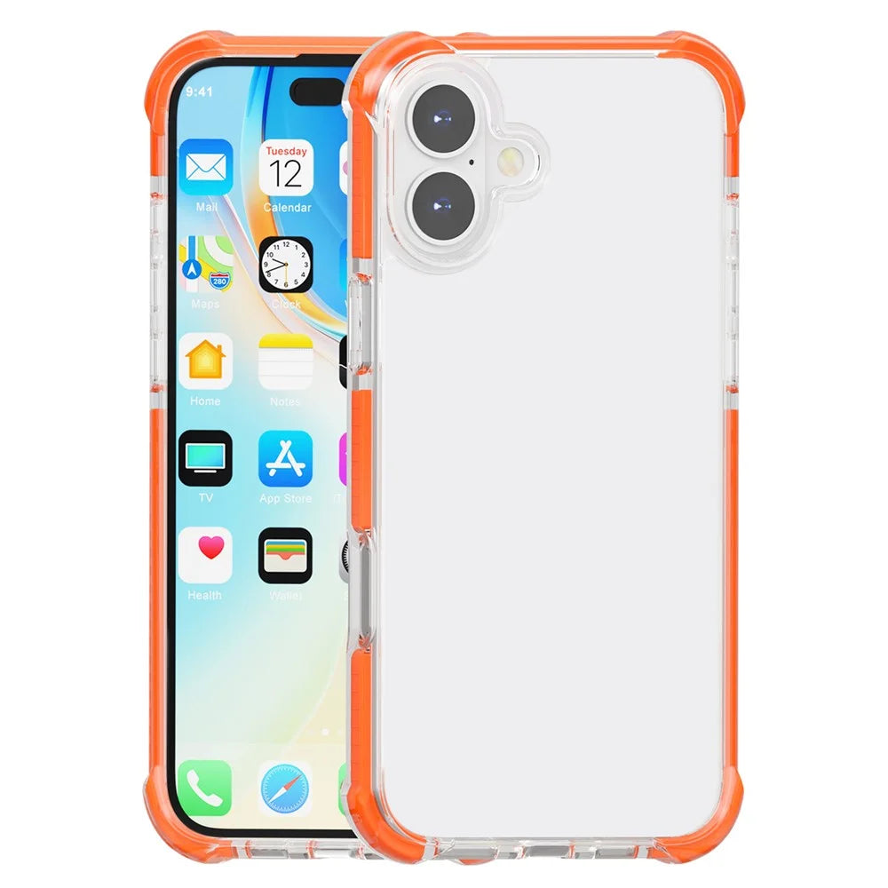 For iPhone 16 Case Four Corners Anti Drop Clear TPU + TPE + PC Phone Cover - Transparent Orange - 1