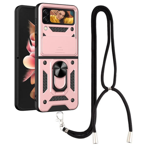 For Samsung Galaxy Z Flip4 5G Shockproof Phone Cover Slide Camera Protection PC + TPU Ring Holder Kickstand with Lanyard - Rose Gold - 1