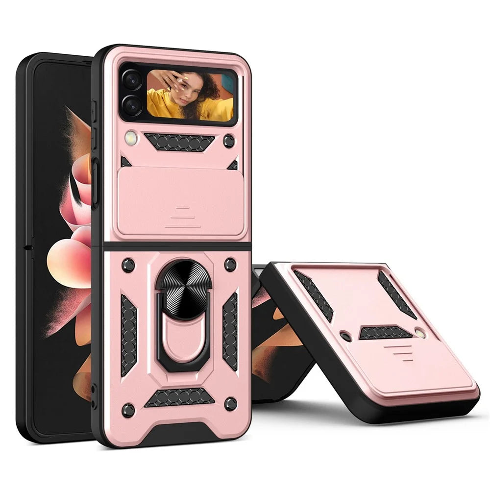For Samsung Galaxy Z Flip4 5G Shockproof Phone Cover Slide Camera Protection PC + TPU Ring Holder Kickstand with Lanyard - Rose Gold - 2
