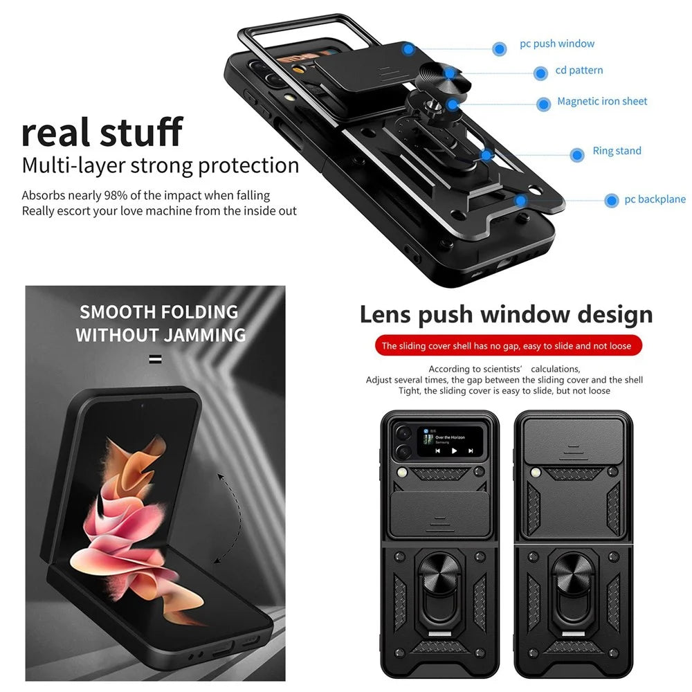 For Samsung Galaxy Z Flip4 5G Shockproof Phone Cover Slide Camera Protection PC + TPU Ring Holder Kickstand with Lanyard - Rose Gold - 4
