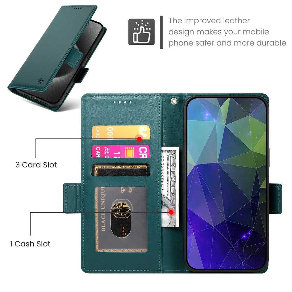 DF-010 For Samsung Galaxy A55 5G Case Magnetic Side Clasps PU Leather Wallet Phone Cover - Blackish Green - 6