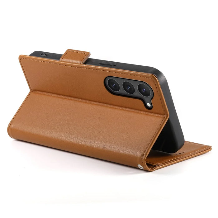 DF-010 For Samsung Galaxy S23 Case Solid Color PU Leather Wallet Stand Phone Cover - Brown - 3