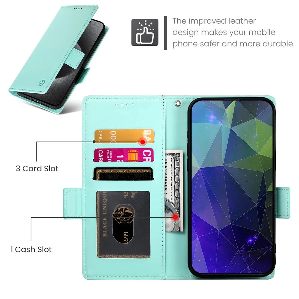 DF-010 For Samsung Galaxy A05 4G Case Leather Phone Cover with Card Holders Magnetic Side Buckle - Mint Green - 6