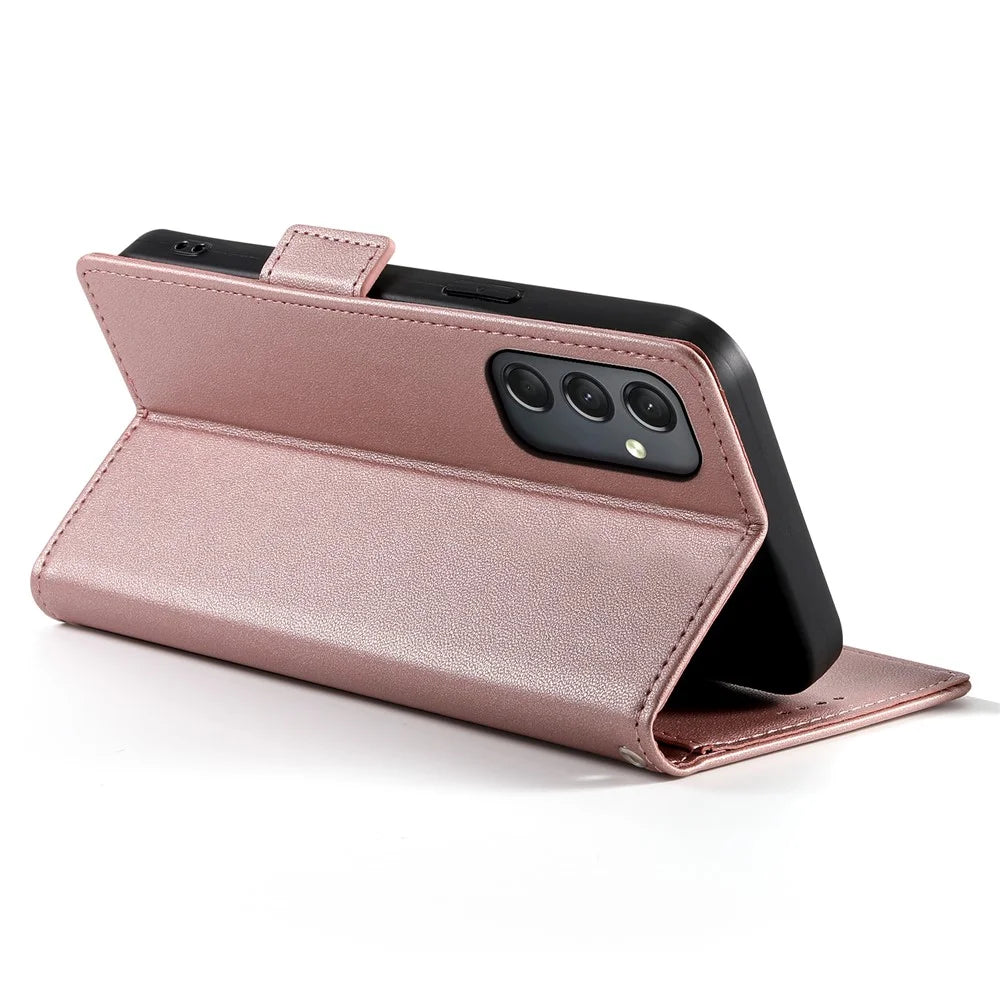 DF-010 For Samsung Galaxy A24 4G (162.1 X 77.6 X 8.3mm) Case PU Leather Wallet Stand Phone Cover - Rose Gold - 3