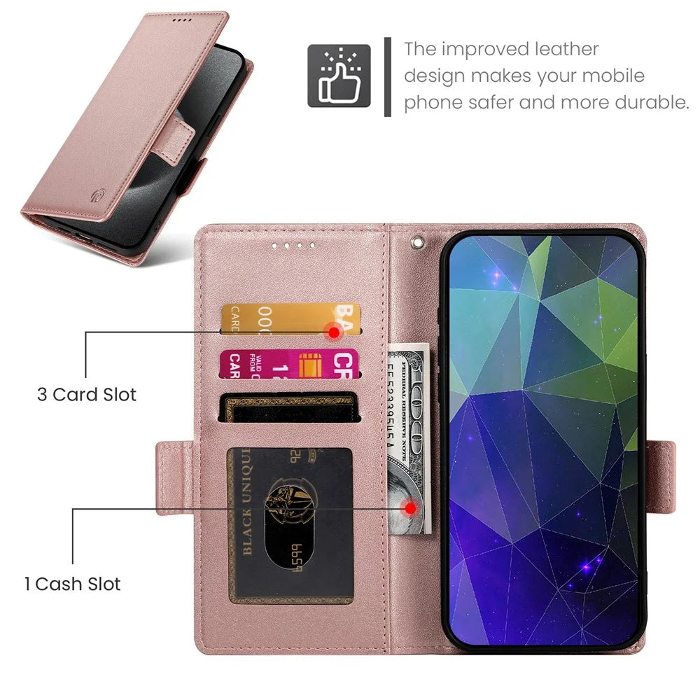 DF-010 For Samsung Galaxy A24 4G (162.1 X 77.6 X 8.3mm) Case PU Leather Wallet Stand Phone Cover - Rose Gold - 6