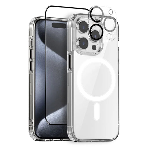 NORTHJO For iPhone 15 Pro Max Clear Phone Case with Tempered Glass Screen Film + Lens Protector, Compatible with MagSafe - 1