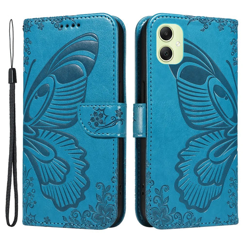 For Samsung Galaxy A05 4G Case Butterfly Leather Wallet Phone Cover with Hand Strap - Blue - 1