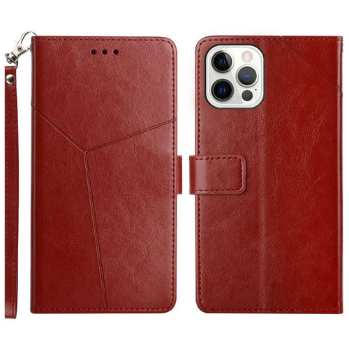 For iPhone 16 Pro Max Case with Wrist Strap Y Shaped Lines Imprint Leather Phone Cover - Brown - 1