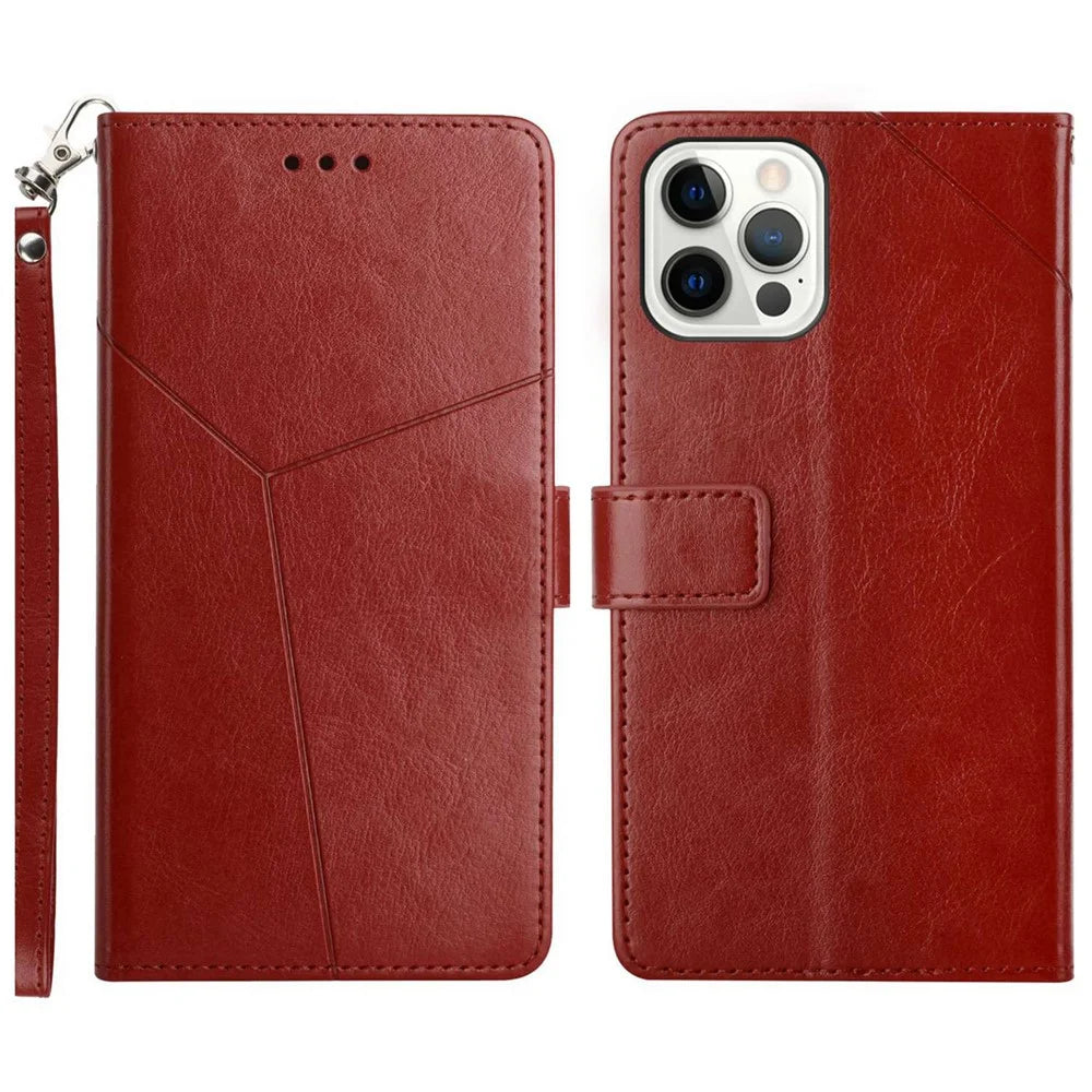 For iPhone 16 Pro Max Case with Wrist Strap Y Shaped Lines Imprint Leather Phone Cover - Brown - 1