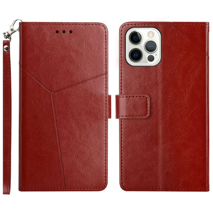 For iPhone 16 Pro Max Case with Wrist Strap Y Shaped Lines Imprint Leather Phone Cover - Brown - 1
