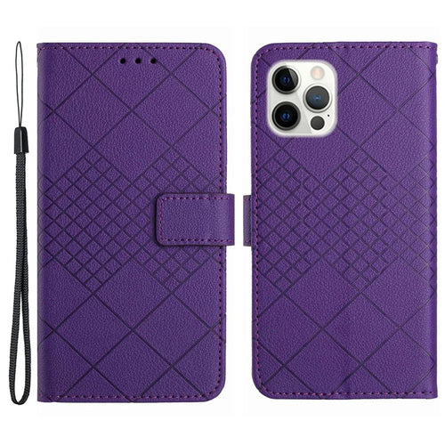 HT06 For iPhone 16 Pro Max Case Litchi Texture Leather Wallet Rhombus Phone Cover - Dark Purple - 1