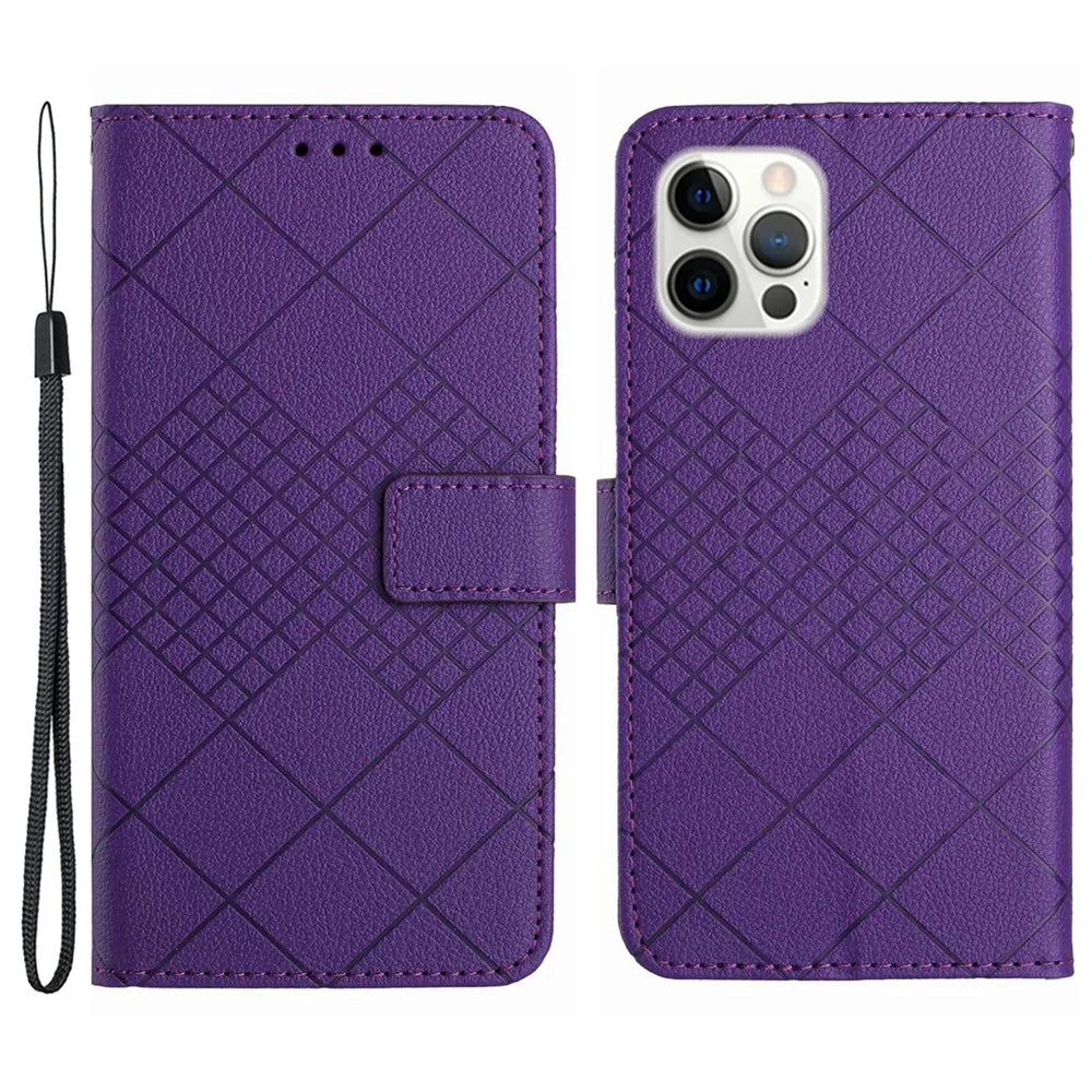 HT06 For iPhone 16 Pro Max Case Litchi Texture Leather Wallet Rhombus Phone Cover - Dark Purple - 1