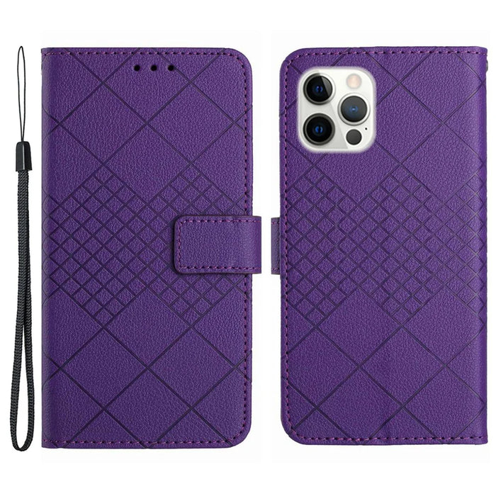 HT06 For iPhone 16 Pro Max Case Litchi Texture Leather Wallet Rhombus Phone Cover - Dark Purple - 1
