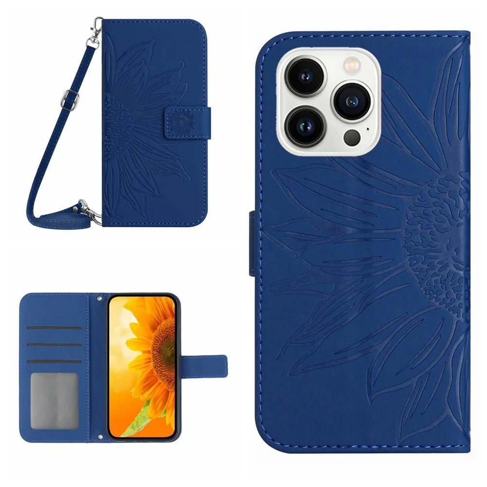 HT04 For iPhone 16 Pro Max Leather Case Sunflower Phone Wallet Cover with Shoulder Strap - Sapphire - 1