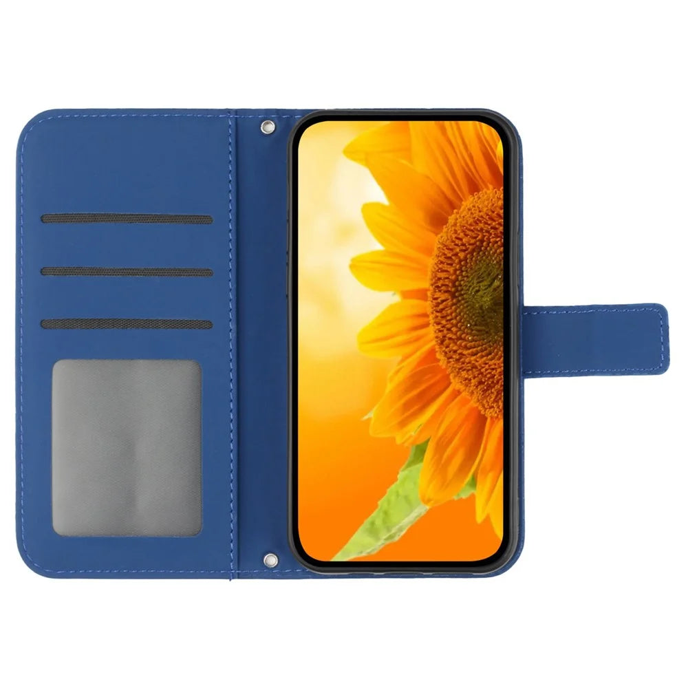 HT04 For iPhone 16 Pro Max Leather Case Sunflower Phone Wallet Cover with Shoulder Strap - Sapphire - 2