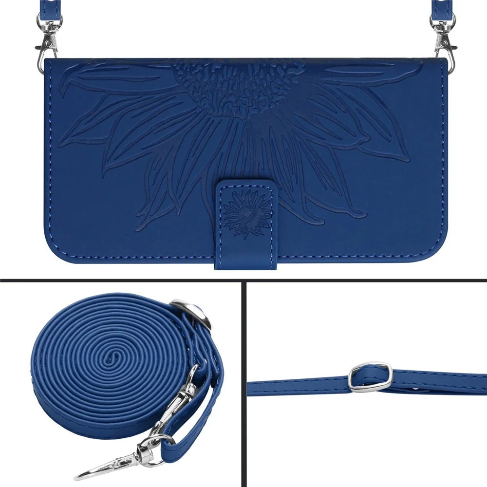 HT04 For iPhone 16 Pro Max Leather Case Sunflower Phone Wallet Cover with Shoulder Strap - Sapphire - 4