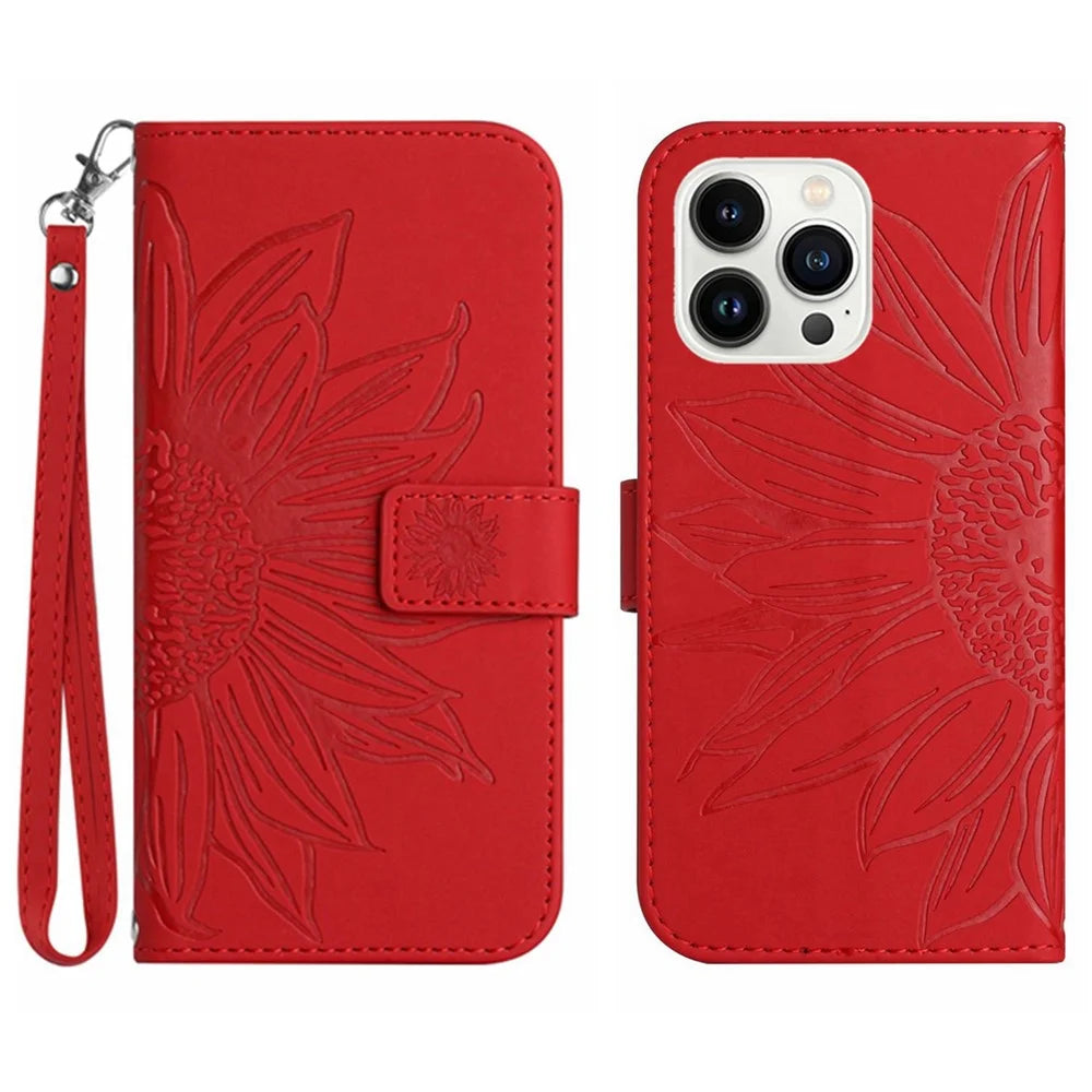 HT04 For iPhone 16 Pro Max Case Sunflower Leather Handbag Flip Phone Cover - Red - 1